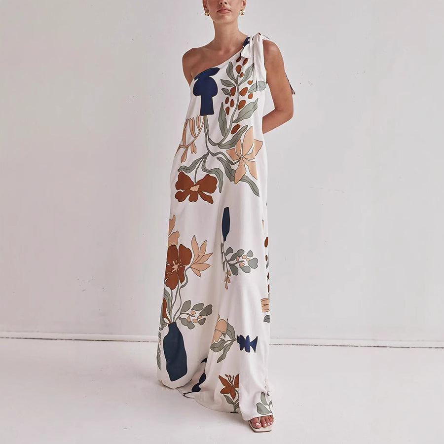 Women’s One-Shoulder Dress – Flowing Cotton – Loose Fit – Bold Print – Full Length