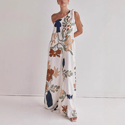 Women’s One-Shoulder Dress – Flowing Cotton – Loose Fit – Bold Print – Full Length