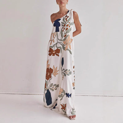 Women’s One-Shoulder Dress – Flowing Cotton – Loose Fit – Bold Print – Full Length