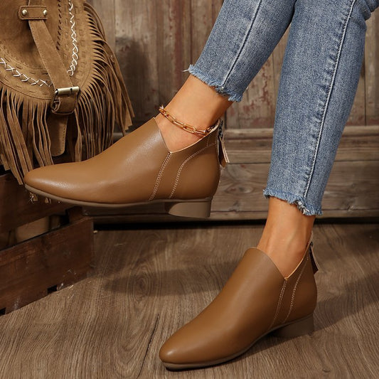 Women’s Ankle Boots – Soft Leather – Pointed Toe – Back Zip – Low Heel Slip-On