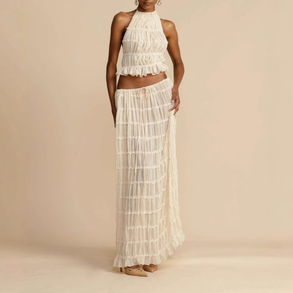 Women’s Two-Piece Set – Ruched Halter Crop Top – Flowing Maxi Skirt – Breathable Blend