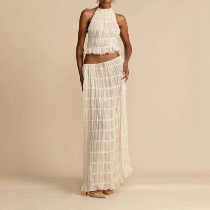 Women’s Two-Piece Set – Ruched Halter Crop Top – Flowing Maxi Skirt – Breathable Blend
