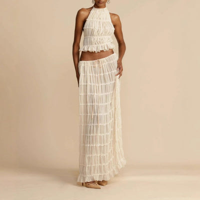 Women’s Two-Piece Set – Ruched Halter Crop Top – Flowing Maxi Skirt – Breathable Blend
