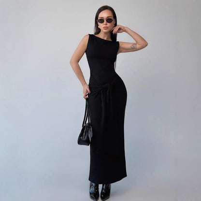 Women’s Bodycon Dress – Maxi Length – Slim Fit – Sleeveless with Waist Tie