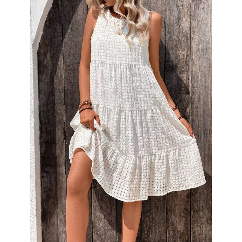 Women’s Sleeveless Dress – Lightweight Fabric – Tiered Loose Fit – Round Neckline