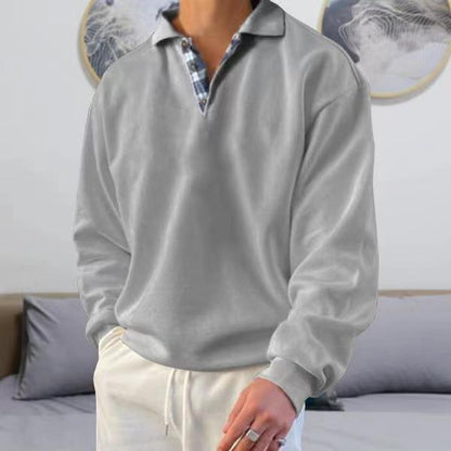 Men’s Sweatshirt – Soft Knit – V-Neck Lapel – Loose Fit – Ribbed Cuffs – Casual Wear