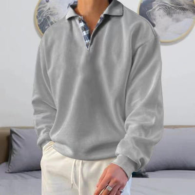 Men’s Sweatshirt – Soft Knit – V-Neck Lapel – Loose Fit – Ribbed Cuffs – Casual Wear
