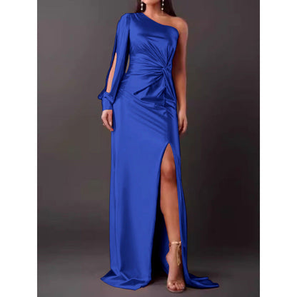 Women’s Maxi Dress – Satin Finish – One Shoulder – High Slit – Ruched Waist – Slim Fit