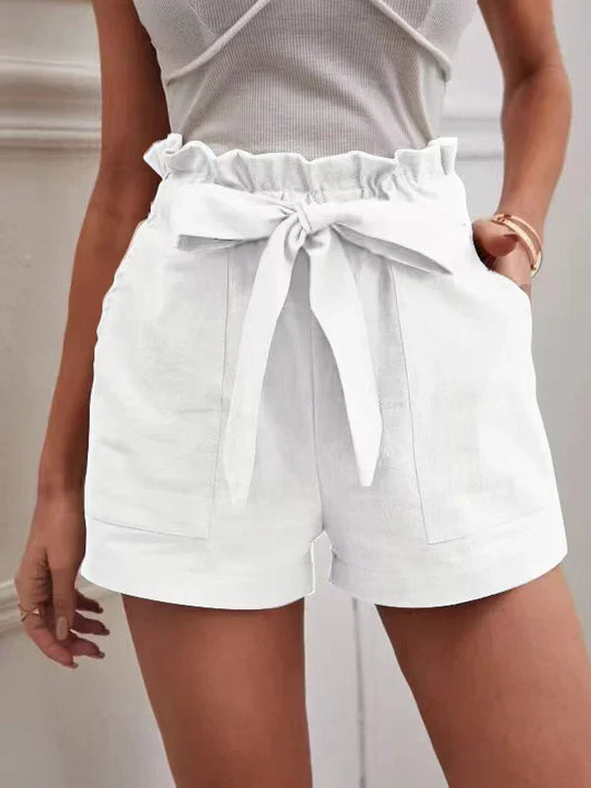 Women’s Shorts – Linen – High Waist – Paper bag Style – Loose Fit – Belted Casual