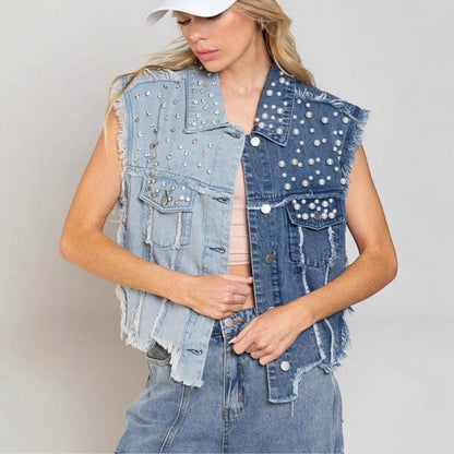 Women’s Denim Vest – Cropped Fit – Patchwork Studded – Distressed Sleeveless Style