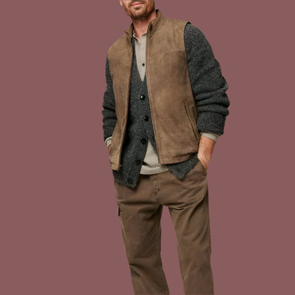 Men’s Vest – Suede-Like Texture – Zip Front – Stand Collar – Relaxed Structured Fit