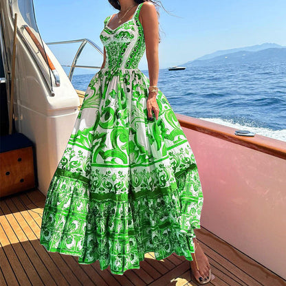Women’s Maxi Dress – Fitted Bodice – Tiered Skirt – Breathable Blend – Printed Design