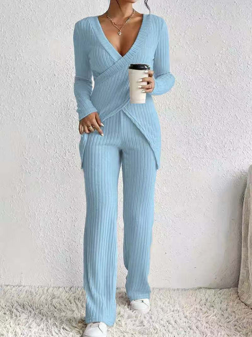 Women’s Knit Lounge Set – Wrap Long Sleeve Top – Straight-Leg Elastic Waist Pants