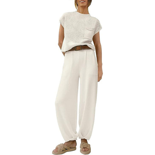 Women’s Knit Sweater Set – Short Sleeve Cropped Top – High Waist Wide Leg Trousers