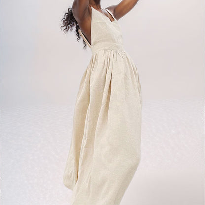 Women’s Midi Dress – V-Neck – Flared Skirt – Open Back – Adjustable Tie Straps
