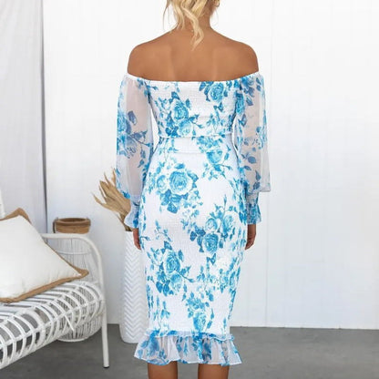 Women's Off-Shoulder Bodycon Dress - Floral Print - Sheer Puff Sleeves - Ruffled Hem