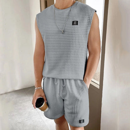 Men’s Lounge Set – Waffle Knit – Sleeveless Top and Shorts – Relaxed Fit Comfort Wear