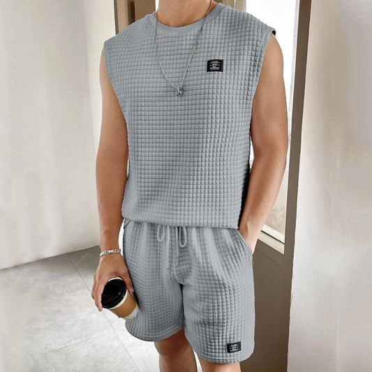 Men’s Lounge Set – Waffle Knit – Sleeveless Top and Shorts – Relaxed Fit Comfort Wear