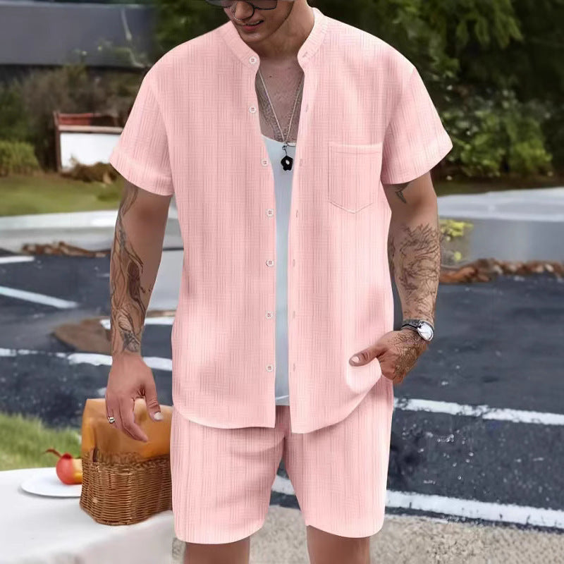 Men’s Two-Piece Set – Henley Collar Shirt & Shorts – Lightweight Relaxed Fit