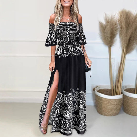 Women’s Maxi Dress – Off-Shoulder – High Slit – Printed – Lightweight Flared Fit