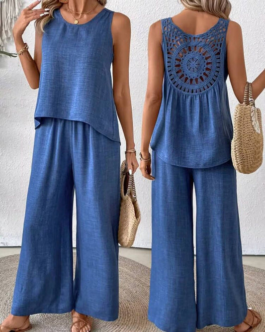 Women’s Two-Piece Set – Linen Blend – Sleeveless Crochet Top – High Waist Wide-Leg Trousers