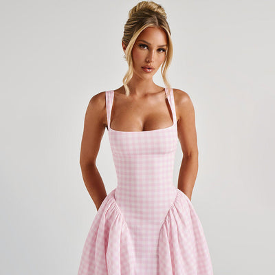 Women’s Midi Dress – Princess Silhouette – Square Neck – Checkered Pattern