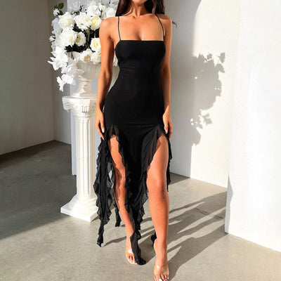 Women’s Midi Dress – Slim Fit – Square Neck – Spaghetti Straps – Ruffle Hem