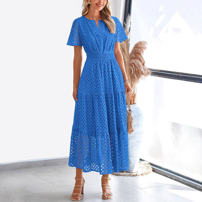 Women’s Long Dress – Embroidered Lace – V-Neck – Elastic Waist – Flowy Short Sleeve