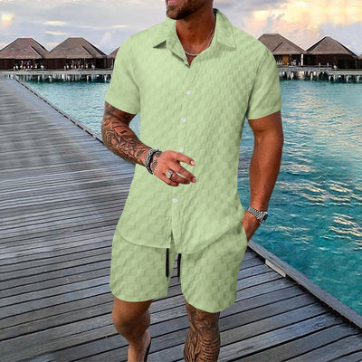 Men’s Two-Piece Set – Jacquard Shirt and Shorts – Relaxed Fit – Short Sleeve Lapel