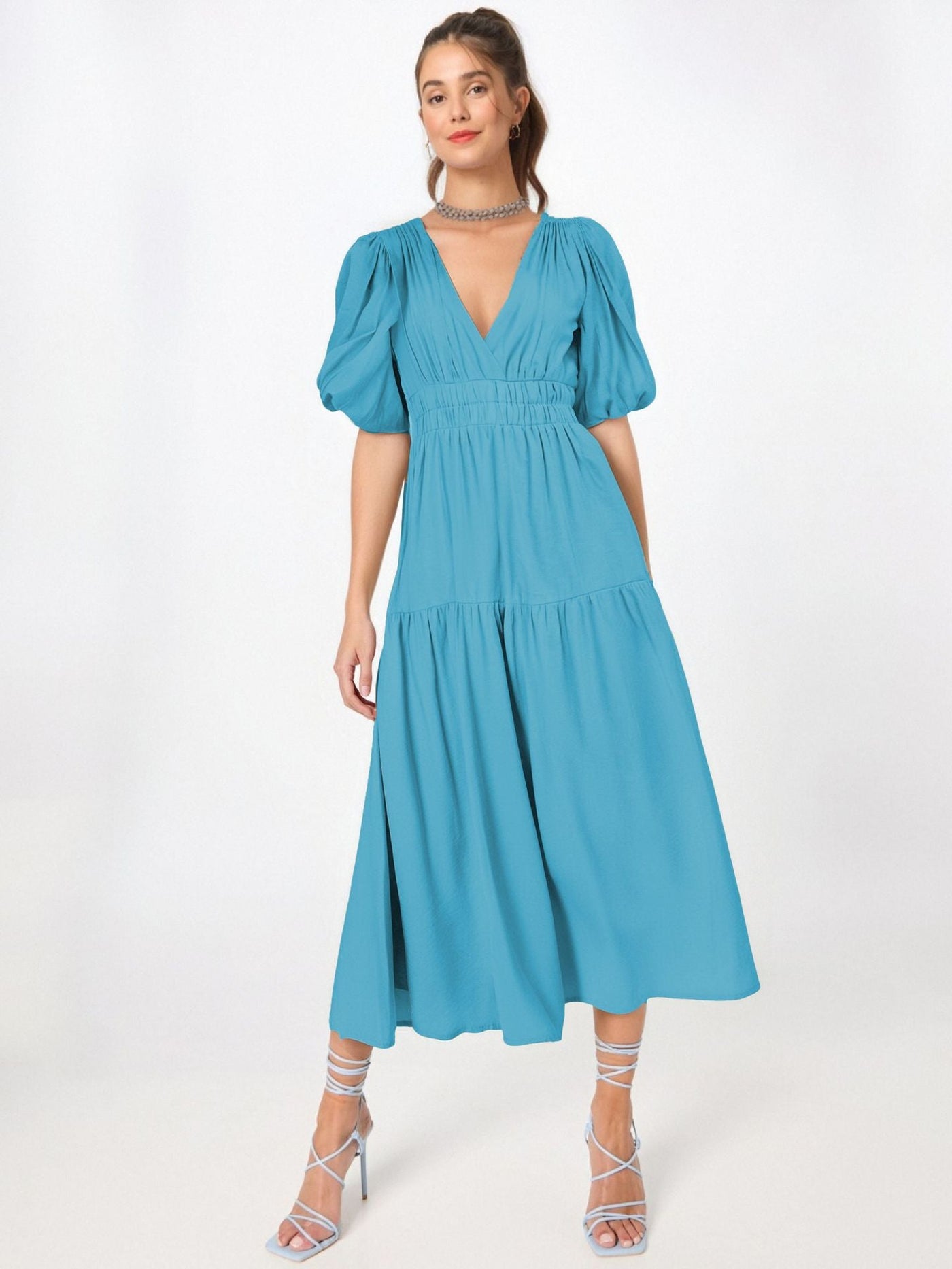 Women’s Midi Dress – Lightweight Fabric – Deep V-Neck – Puff Sleeves – Tiered Skirt