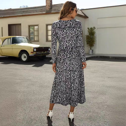 Women's Leopard Print Long Sleeve Midi Dress