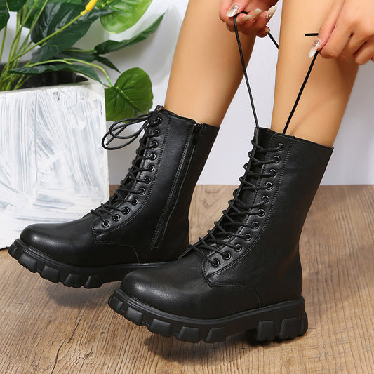 Women’s Mid-Calf Boots – Faux Leather – Chunky Sole – Lace-Up with Side Zip