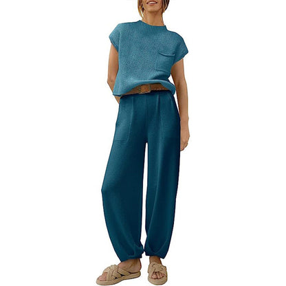 Women’s Knit Sweater Set – Short Sleeve Cropped Top – High Waist Wide Leg Trousers