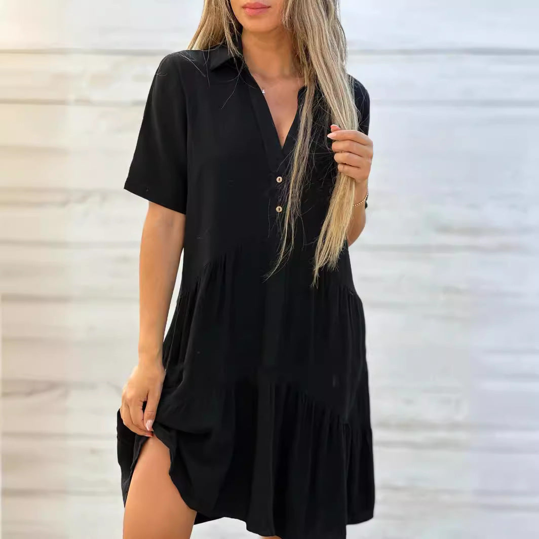 Women’s Mini Dress – Relaxed Fit – Short Sleeve – Collared – Tiered Natural Fibers