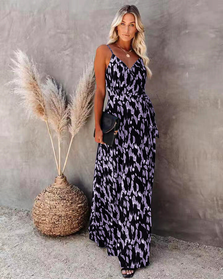 Women’s Long Dress – Slim Fit Bodice – A-Line – V-Neck – Spaghetti Straps – Printed