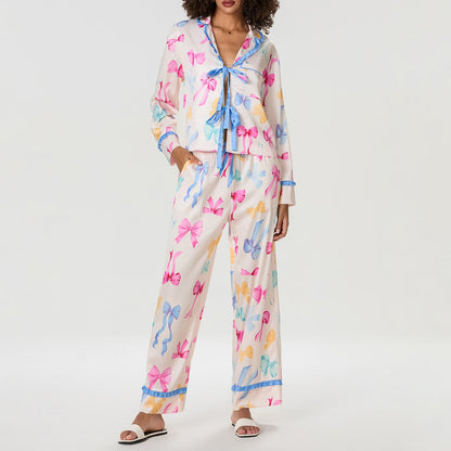 Women’s Pajama Set – Satin Finish – Relaxed Fit – Bow Top – Ruffle Trim Shorts