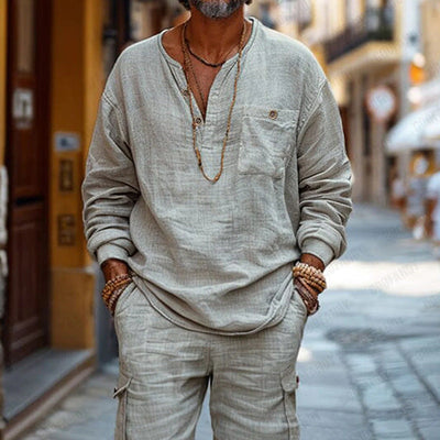 Men’s Casual Set – Relaxed Fit – V-Neck Long Sleeve Top – Cargo Shorts – Breathable Blend