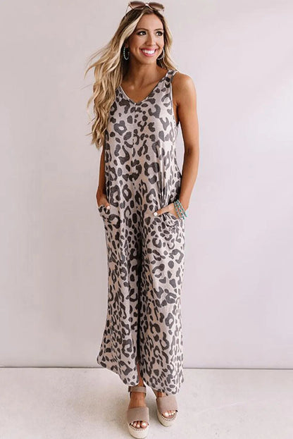 Women’s Jumpsuit – Sleeveless V-Neck – Loose Fit – Cropped Wide Leg – Leopard Print