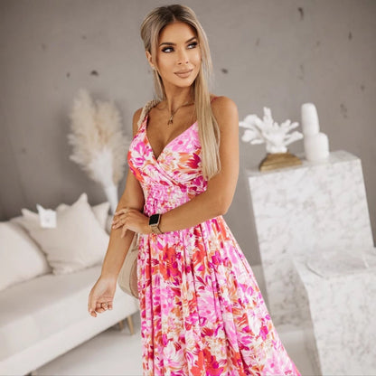 Women’s Maxi Dress – V-Neck Crossover – Floral Print – Adjustable Straps – Fitted Waist