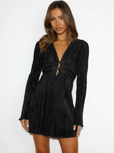 Women’s Bodycon Mini Dress – Deep V-Neck – Cut-Out Bust – Long Sleeve – Pleated Texture