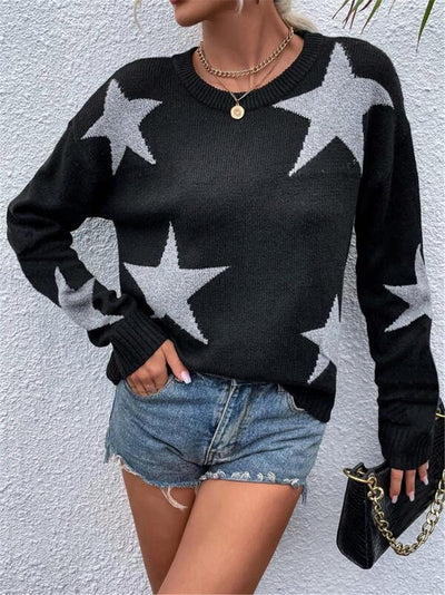 Women’s Pullover Sweater – Knitted Fabric – Loose Fit – Star Pattern – Long Sleeve Casual