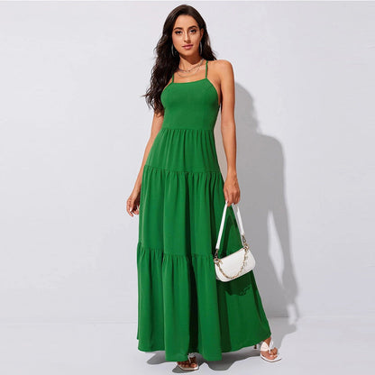 Women’s Evening Gown – Satin Feel – Backless – Tiered Skirt – Spaghetti Straps – Formal Fit