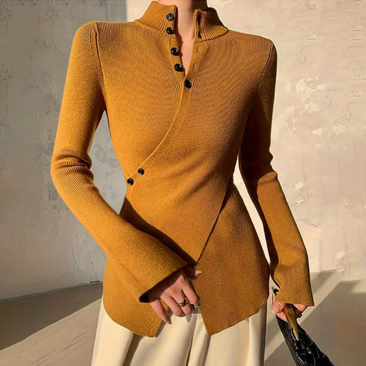 Women’s Knit Top – Slim Fit – High Neck – Asymmetric Hem – Long Sleeve – Button Detail