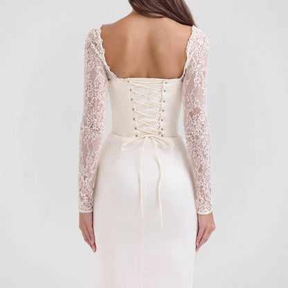 Women’s Evening Dress – Satin Bodycon Fit – Lace Sleeves – Sweetheart Neckline