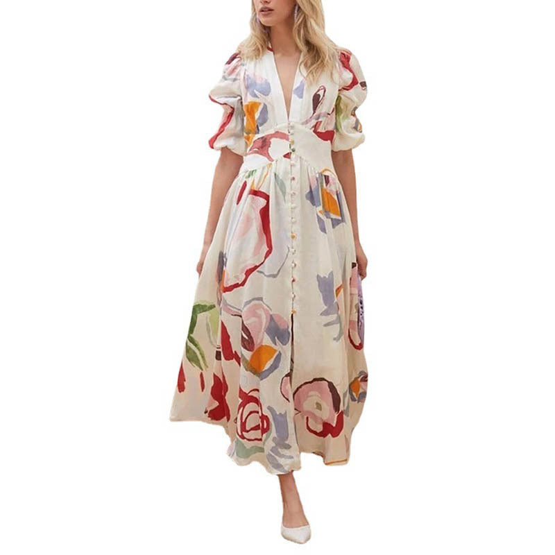 Women’s Maxi Dress – Natural Fibers – Relaxed Fit – Balloon Sleeves – Button Front