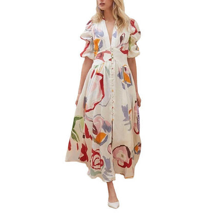 Women’s Maxi Dress – Natural Fibers – Relaxed Fit – Balloon Sleeves – Button Front
