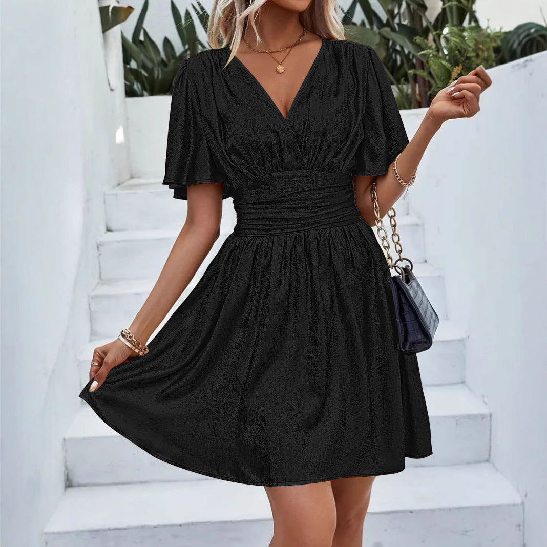 Women’s Midi Dress – Shimmer Finish – A-Line Fit – V-Neck – Wrap Style – Flutter Sleeves