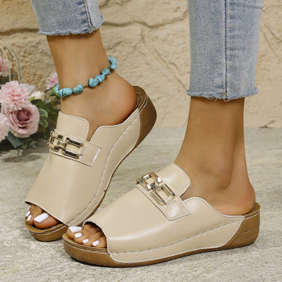 Women’s Wedge Sandals – Slip-On Fit – Smooth Finish – Open Toe Buckle