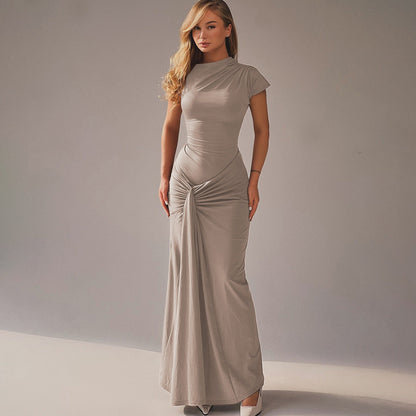 Women’s Full-Length Dress – Draped Waist – Form-Fitting – Short Sleeve Elegant Fit