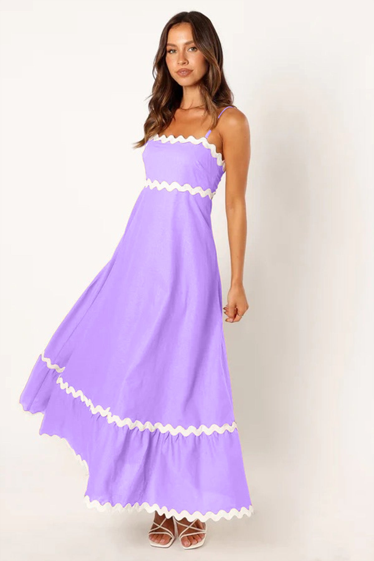 Women’s Long Dress – Slim Fit – Lightweight Cotton – Scalloped Trim – Spaghetti Straps
